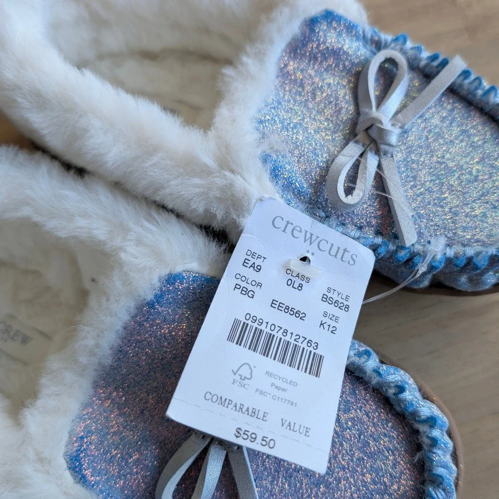 J.Crew Crewcuts Kids Glitter Slippers Size K12 Blue White Faux Fur NEW!